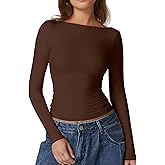 QINSEN Women's Sexy Open Back Long Sleeve Shirts High Neck Double Lined Tees Fitted Going Out Tops