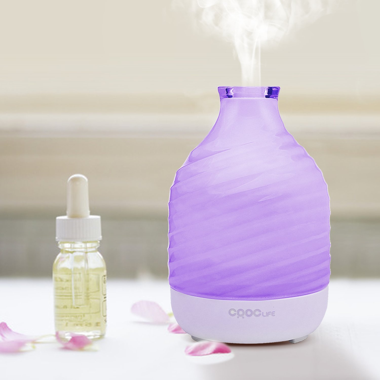 Essential Oil Diffuser, CRDC Life 200ml Ripple Vase Glass Cover Aroma Diffuser Durable Safe Auto Shut Off Whisper Quiet Multiple LED Lights & 4 Time Setting