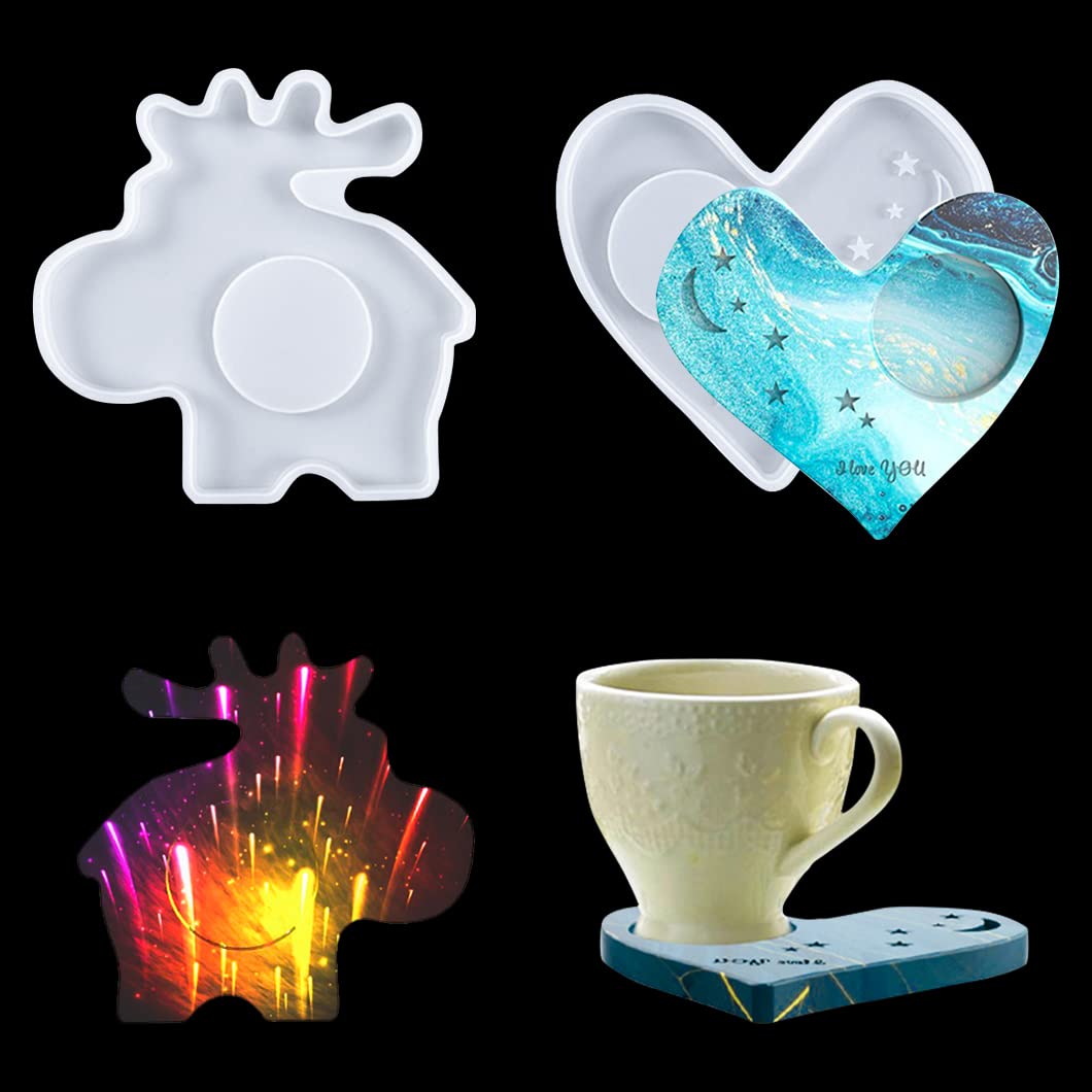 Rolin Roly 2Pcs Coaster Resin Moulds Dish Silicone Mould Heart Shape Mold Hippo Cup Mat Epoxy Molds for Casting Candle Holder DIY Table Home Decoration