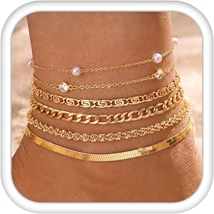 Subiceto Ankle Bracelets for Women Waterproof - 14K Gold Plated Non Tarnish Anklets Set Dainty Stainless Steel Stackable Laye