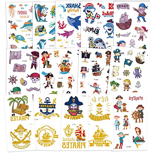 Tattoo Kinder, AGPTEK 250 Stück Pirate Tattoos Set, Wasserdichte Kindertattoos mit Bronzing Pirate, Shark, Aufkleber für Jungs, Kindergeburtstag Mitgebsel, Party, Festival