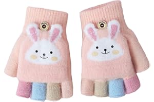 Cartoon Convertible Flip Top Gloves Toddler Kids Winter Wool Knit Fingerless Gloves with Mitten Cover for Girls Boys 2-15 Yrs