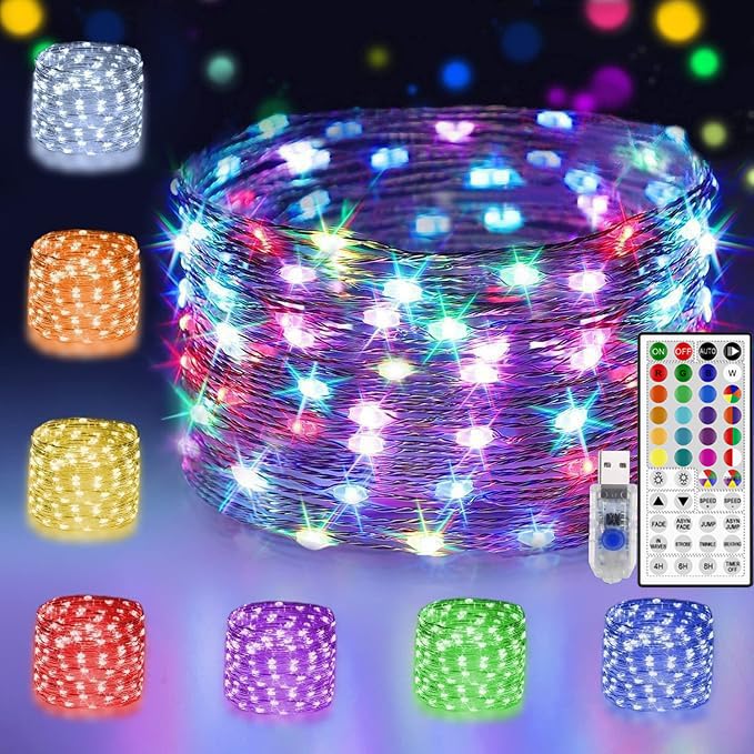 Photo 1 of 24 Multi Color Changing Fairy Lights USB Powered with Remote Control, 33ft 100 RGB LED Bright Silver Wire Starry String Lights for Christmas Tree, Wedding Party, Indoor, Garden, Bedroom Holiday Décor