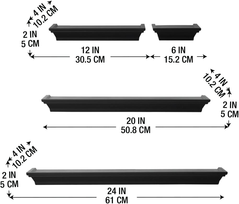 Melannco Floating Wall Mount Molding Ledge Shelves, Set of 4, Black, 4 Count: Home & Kitchen