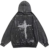 MLAFE Gothic Cross Print Hoodie Y2K Washed and Aged Print Hooded Sweatshirt Man and Woman Grunge, Harajuku Pullover