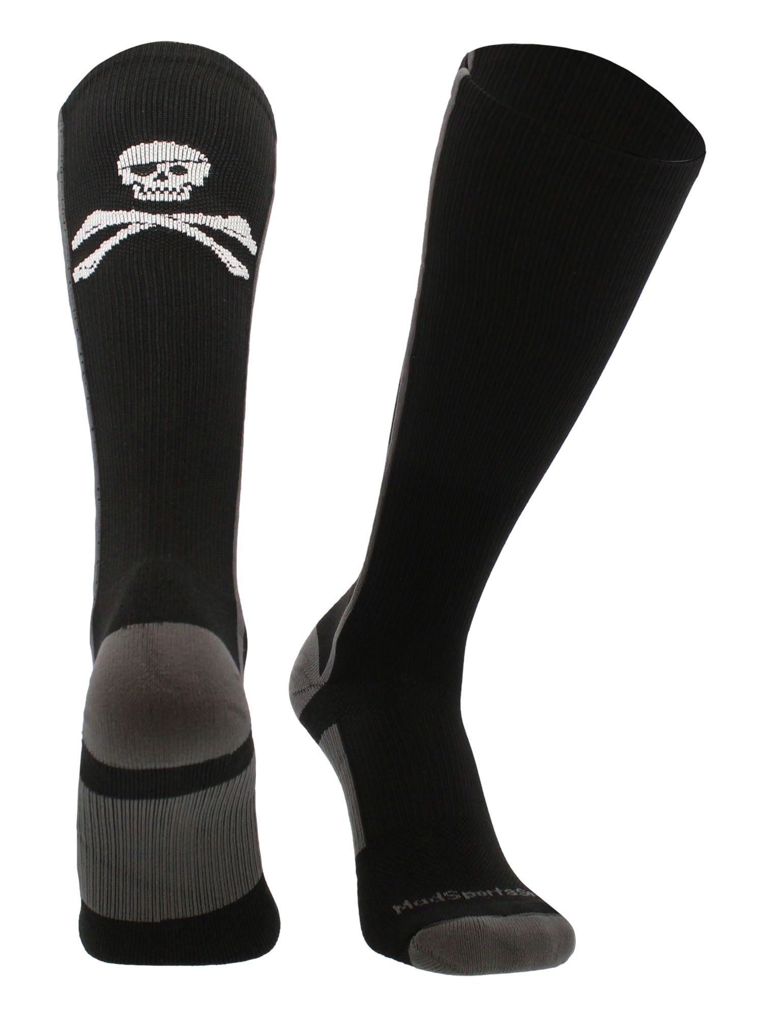 MadSportsStuff Calcetines sobre la pantorrilla con calavera pirata y tibias cruzadas (negro/grafito, grande)