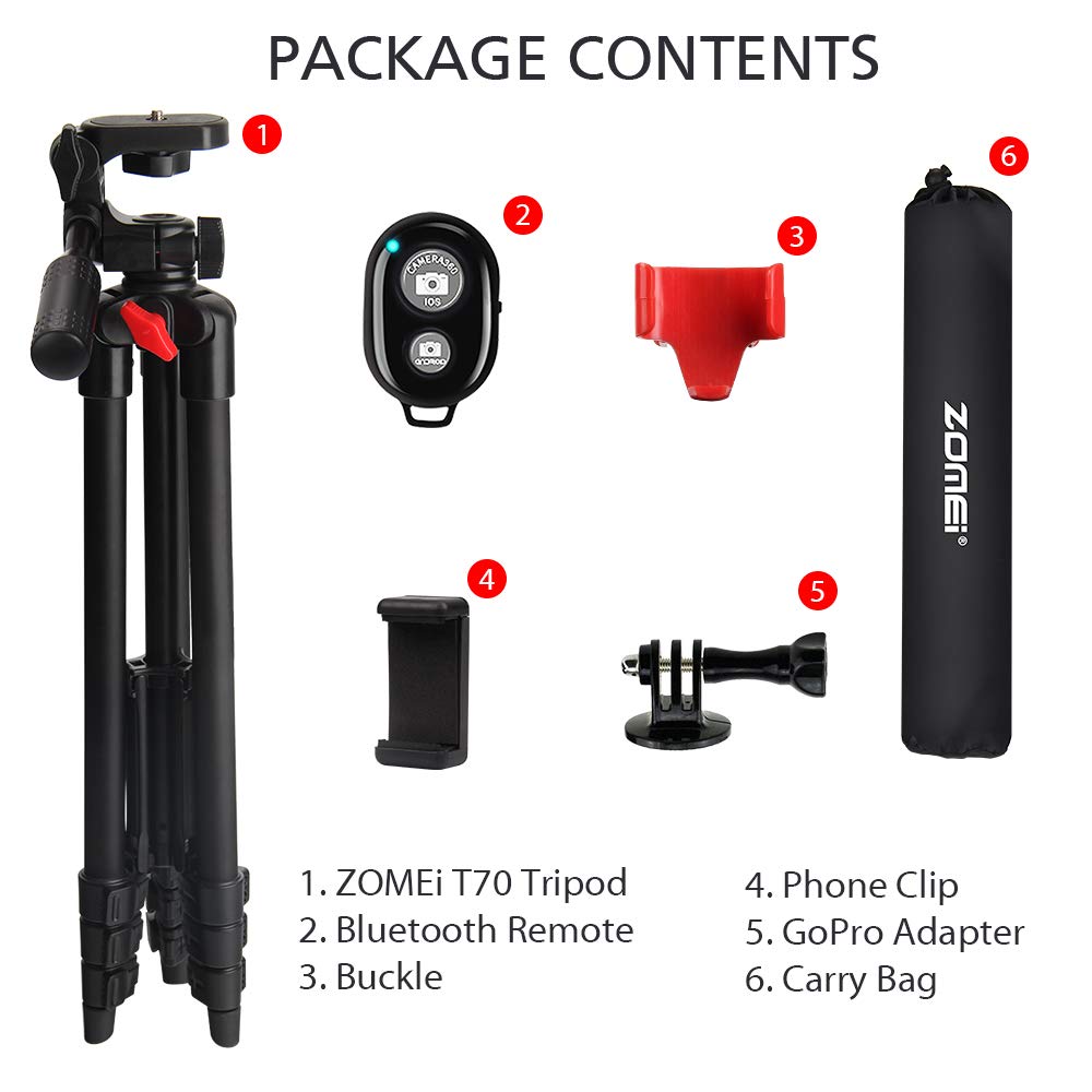 Phone Tripod, ZOMEi 54 Inch Cellpone Tripod Lightweight Portable Travel Tripod with Phone Holder and Bluetooth Remote for Smartphone Gopro and Light Camera