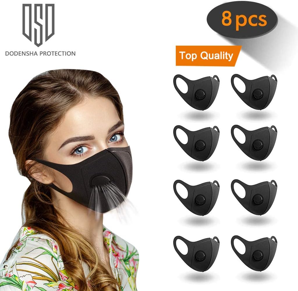 8 pcs Face Mask with Breathing Valve, Anti Particle Dust-Proof Anti-Pollution Face Mask, Skin-Friendly Unisex Face Masks, Reusable and Washable Masks for Running, Cycling, Outdoor Activities (Black)