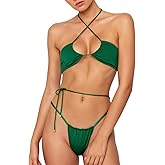 Women Cheeky Bikini Set Halter Thong Solid Color Adjustable Cinched String Two Piece Brazilian Swimsuit Triangle Bathing