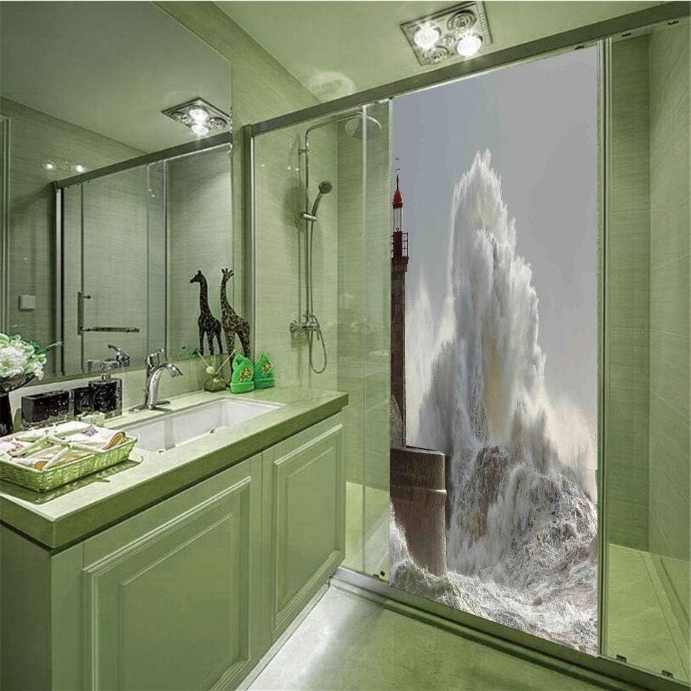 Electrostatic Glass Sticker,Lighthouse Decor,Big Waves in a Sunny Storm Portuguese North Coast Catastrophe Disaster Beacon,35.43" H x 23.62" W for Home&Office