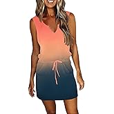 SAUKOLE Womens Sleeveless T Shirt Dresses Casual Cute Floral Print Short Dress Summer Fashion Front Pockets