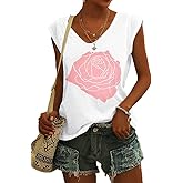 Fazortev Womens Cap Sleeve Blouses Rose Graphic Tees T-Shirt Casual V Neck Tank Tops Loose Fit Summer Basic Shirts