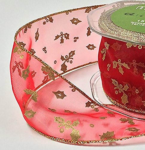 BEST Red Organza/Gold Holly print glitter wire edge Christmas ribbon 50mm x 13.70M Roll, beautiful ribbon, ideal for gift wrapping presents, tree decoration, making cards, general decoration, celebrations, parties, arts and crafts. Fast service, quick delivery, great quality, good value for money!