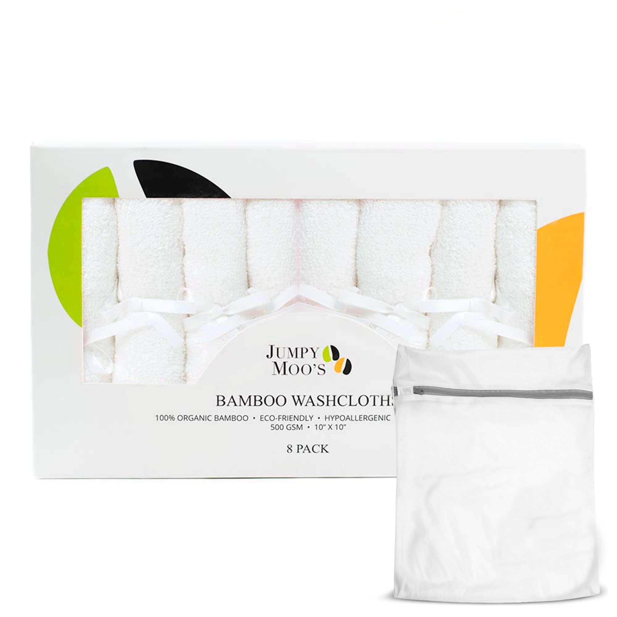 JM Bamboo Washcloths - 100% Bamboo, Ultra Thick 500gsm, 10x10 Inches, Baby Face Cloth, Flannels Face Cloth Pack 8, Gentle on Delicate Skin, Guards Against Irritations, Giftbox & Laundry Bag
