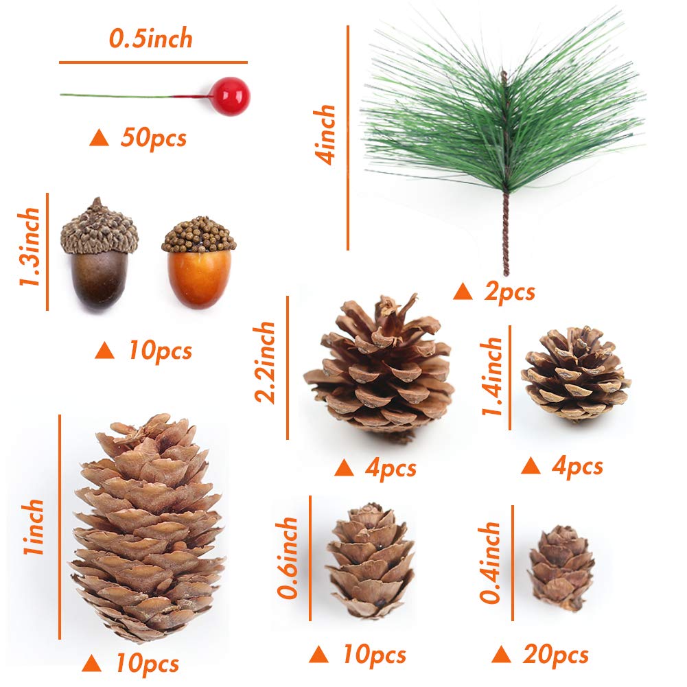 DomeStar 120PCS Artificial Acorns Berry Craft and Natural Pinecones Ornament Set, Artificial Pine Picks Fake Fruit Decor Winter Decorating Kit