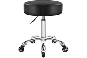WKWKER Heavy Duty Rolling Stool with Wheels Hydraulic Swivel Adjustable Rolling Stool Ergonomic Thick Leather Seat Stool Chair for Kitchen Drafting Lab Office Salon Message Stool – Black