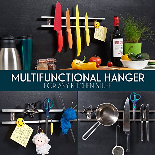 18 inch Magnetic Knife Holder From Any Kitchen Stuff - Stainless Steel Magnet Tool Bar With 6 Removable Hooks, Wall Mount Home Organizer Rack Strip for Metal Utensil Set - Includes Screws and Hardware - Thumbnail 3