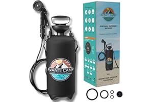 - AVANTI CAMP - Portable Camping Shower– Outdoor Rinse Kit with Hand pressurized Pump – Portable Water Sprayer for Beach & Surf, Pet & Gear rinsing – Insulated Neoprene Cover - 2.1 G Tank