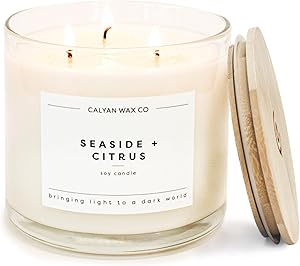 Calyan Wax Co. Seaside & Citrus 3 Wick Scented Candle - 43 Hour Burn - Luxury 3 Wick Soy Candles - Non Toxic Soy Wax Candles 