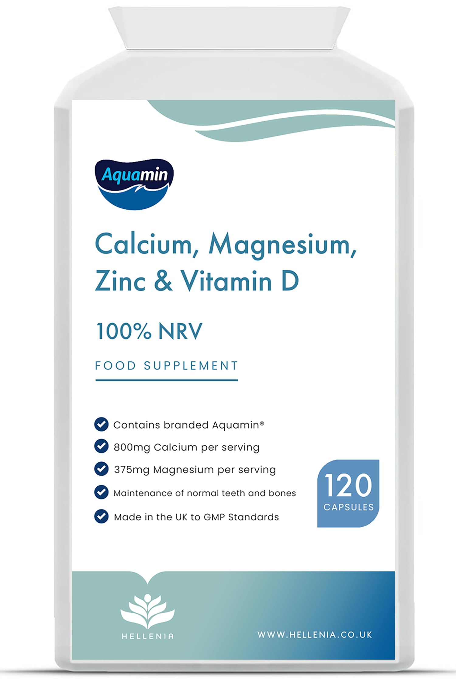 Calcium, Magnesium, Zinc & Vitamin D3 Supplement - 120 Capsules | for Bones, Teeth & Muscle Function | Easy to Swallow Capsules | Immune Booster | Vegan Friendly - Made in the UK by Hellenia