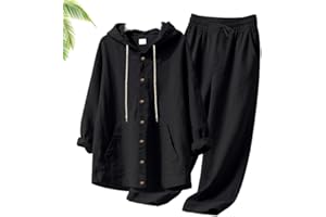 Men's Hooded Casual Loose Top & Pants 2-Piece Set, Summer Linen Sets Men Long Sleeve Button Up Beach Shirt and Pants