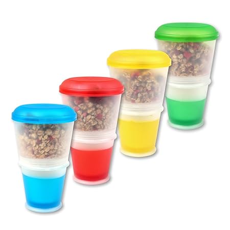 Schramm® 4er Pack Joghurtbecher to go Müsli-to-Go Müslibecher mit integriertem Kühlfach und Löffel Müslischale Joghurt Becher