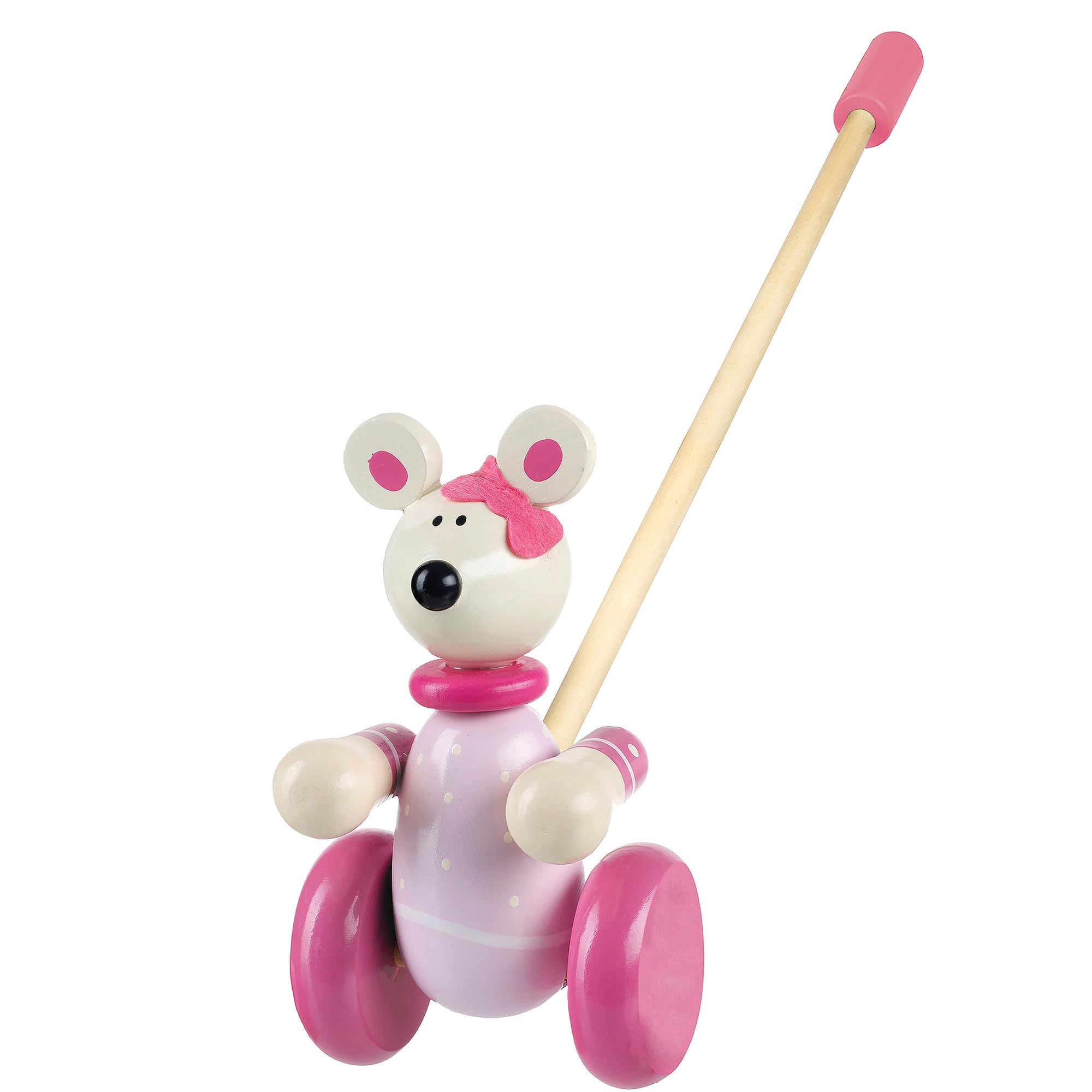 Pink Mouse Push Along Toy - Animal Push and Pull Along Toys for 1 Year Olds, Wooden Toys - Toddler Toys, Perfect 1st Birthday Gifts For Boy Girl - Early Development & Activity Toys by Orange Tree Toys