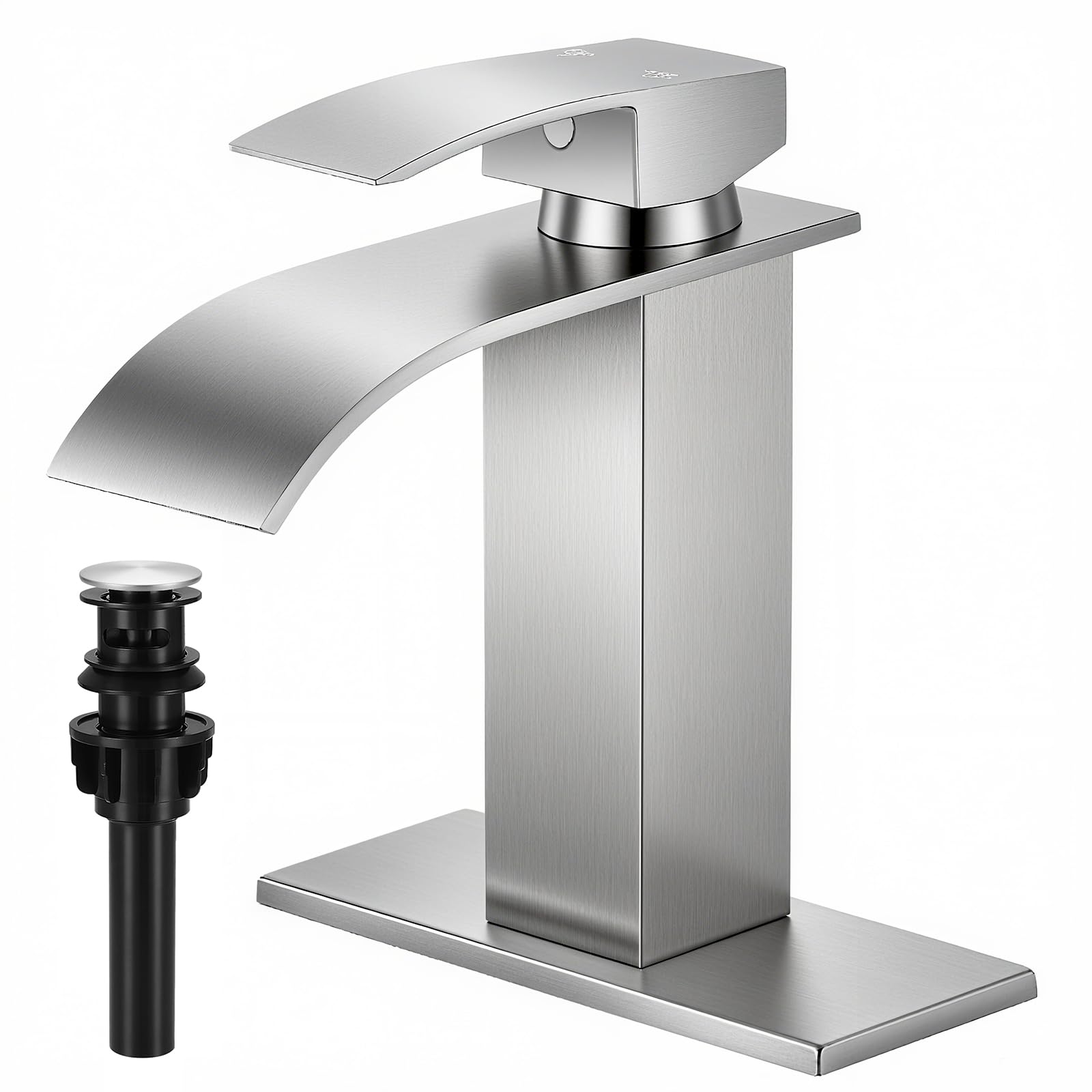 Photo 1 of FDKW Brushed Nickel Bathroom Faucets, Waterfall Bathroom Sink Faucet Single Handle Bathroom Faucet for 1 or 3 Hole, Mixer Tap Vanity Faucet with Deck Plate, Pop-up Drain and Supply Hoses