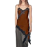 Women Silk Satin Extra Long Camisole Lace Asymmetrical Trim Cami Tank Crop Tops Y2k Silky High Low Lace Slip Dress