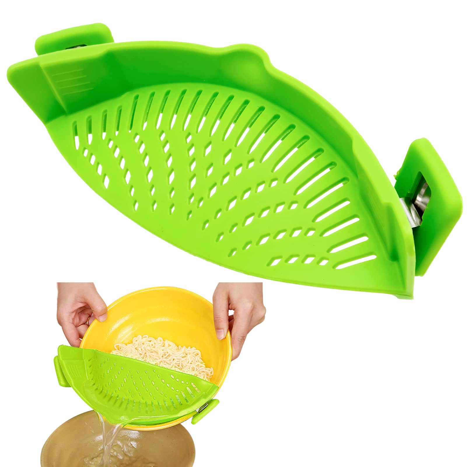 YHSWIN Silicone Clip-on Colander, Kitchen Snap Strainer, Pasta Strainer for All Kinds of Pots and Pans（Green）