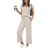 Saloogoe Two Piece Sets for Women Summer Outfits Lounge Sets V Neck Tops Wide Leg Pants Woman Vacation Travel Outfits