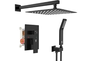 SR SUN RISE 12 Inches Matte Black Shower System 12 Inch Brass Bathroom Luxury Rain Mixer Shower Combo Set Wall Mounted Rainfall Shower Head System Shower Faucet Rough-in Valve Body and Trim Included