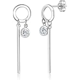 925 Sterling Silver CZ Dangle Bar Earrings, Minimalist Drop Earrings for Women, Dainty Cubic Zirconia Linear Earrings for Gift or Daily Wear