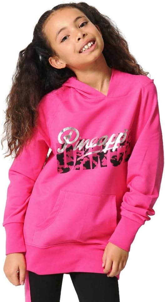 Pineapple DANCEWEAR GIRLS Longline Dance Hoodie Pink with Camo and Silver Logo