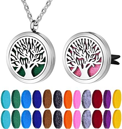Essential Oil Diffuser Tree of Life Pendant Necklace + Aromatherapy Car Locket with Vent Clip - 316L Surgical Stainless Steel with 24 Pads