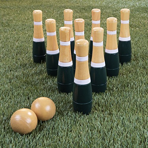 Hey!Play! Lawn Bowling Game/Skittle Ball- Indoor/Outdoor Fun for Kids, Adults -10 Wooden Pins, 2 Balls, and Mesh Bag Set, 8 Inch, Green/White - Thumbnail 5