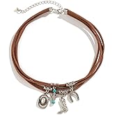 ALRNBY Layered Boho Western Choker Necklace for Women Turquoise Trendy Leather Cowboy Boot Hat Pendant Necklace Silver Necklace Jewelry Gift