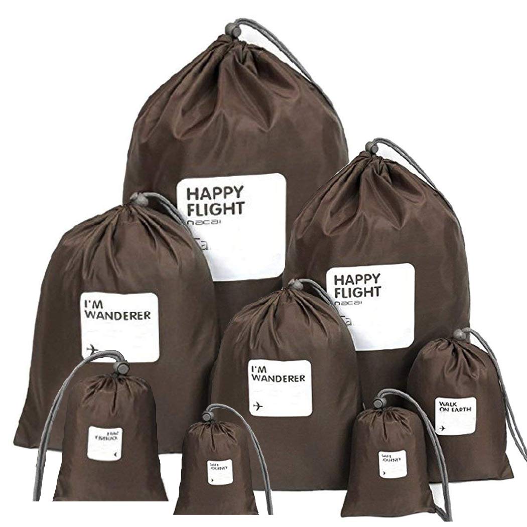 Amoyie 8 pcs Waterproof Drawstring Bags Set for Travel Essentials, Holidays Packing Organisers, Coffee