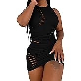 Tehoao Two Piece Skirt Set for Women Sexy Summer Club Outfits for Night Going Out Crop Tops Mini Cutout Dresses