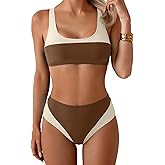 B2prity Women's Bikini Set Two Piece Swimsuit Color Block Slimming Bathing Suit High Waisted Scoop Neck Swimwear
