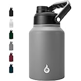 BJPKPK 64 oz Insulated Water Bottle, Dishwasher Safe Half Gallon Water Bottle with Ergonomic Handle, BPA Free Leak Proof Water Jug for Sports, Metal Jug with Anti-slip Bottom, Grey