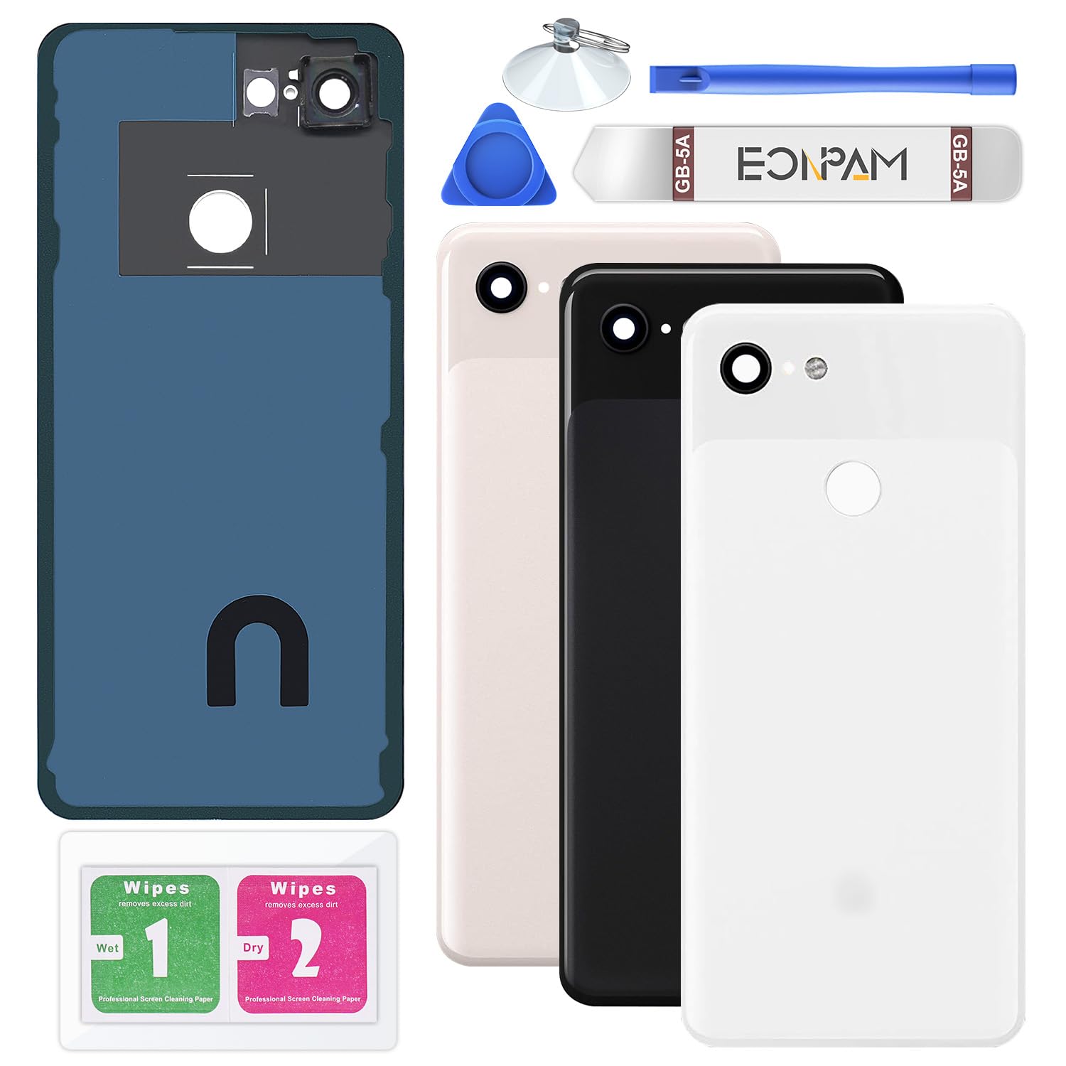 Eonpam Back Cover Glass for Google Pixel 3 Rear Glass Replacement with Camera Lens + Repair Kit Rear Housing (Clearly White)