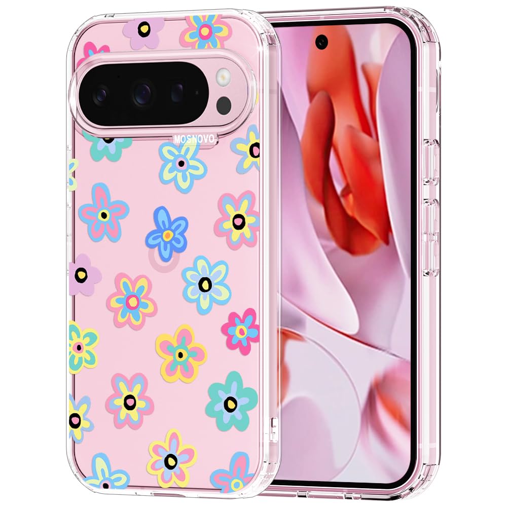 MOSNOVO Case for Google Pixel 9 & Pixel 9 Pro, [Buffertech 6.6ft Military-Grade Drop Protection] [Anti Peel Off Tech] Clear TPU Bumper Phone Case Cover Design - Groovy Flower