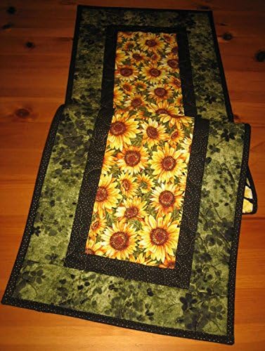Quilted Table Runner, Sunflower Black Gold Yellow, 13.5x47" Reversible