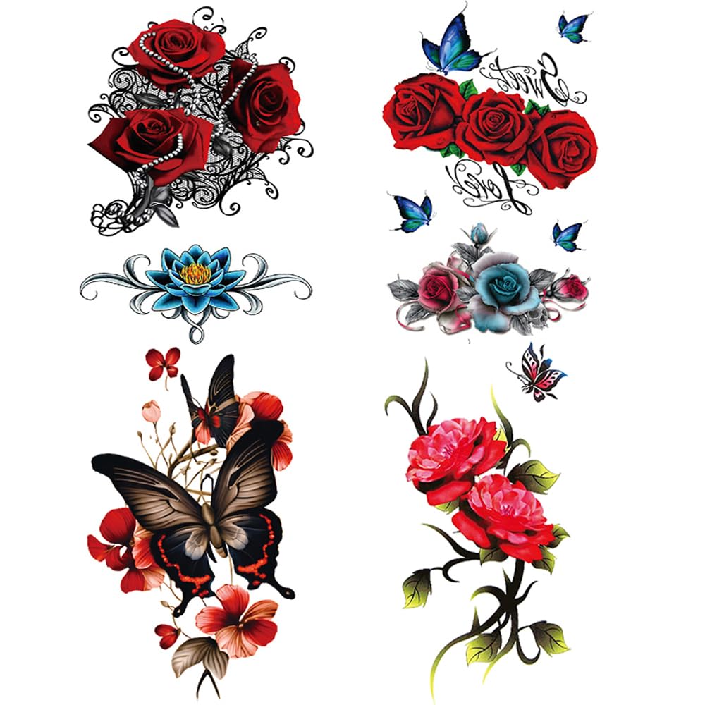 Yesallwas 4 Sheets Rose Temporary Tattoo Sticker red Fake Tattoos for Women Girls Models,Waterproof Long Lasting Body Art Makeup Sexy Realistic Arm Tattoos -Rose, Flowers 4.72 x 7.48 inches (LXW)