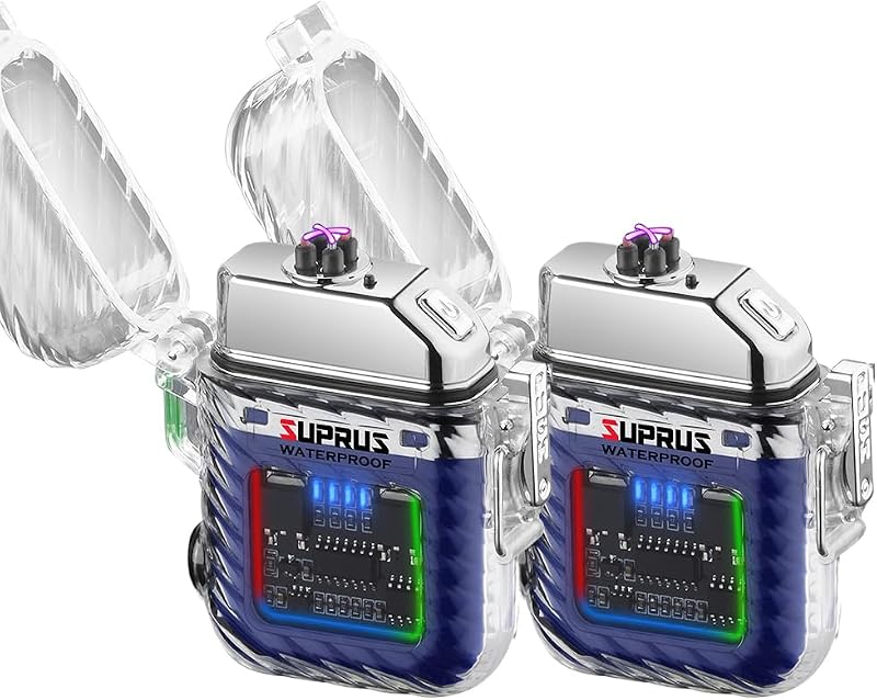 Encendedor luminoso de 3 modos de linterna, resistente al viento, resistente al agua, mecheros eléctricos, recargable, de plasma de doble arco, con silbato de emergencia de supervivencia y