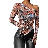 CHICME Womens Floral Mesh Long Sleeve Tops Off Shoulder See Through Fitted Asymmetrical Sexy Sheer Going Out Blouses