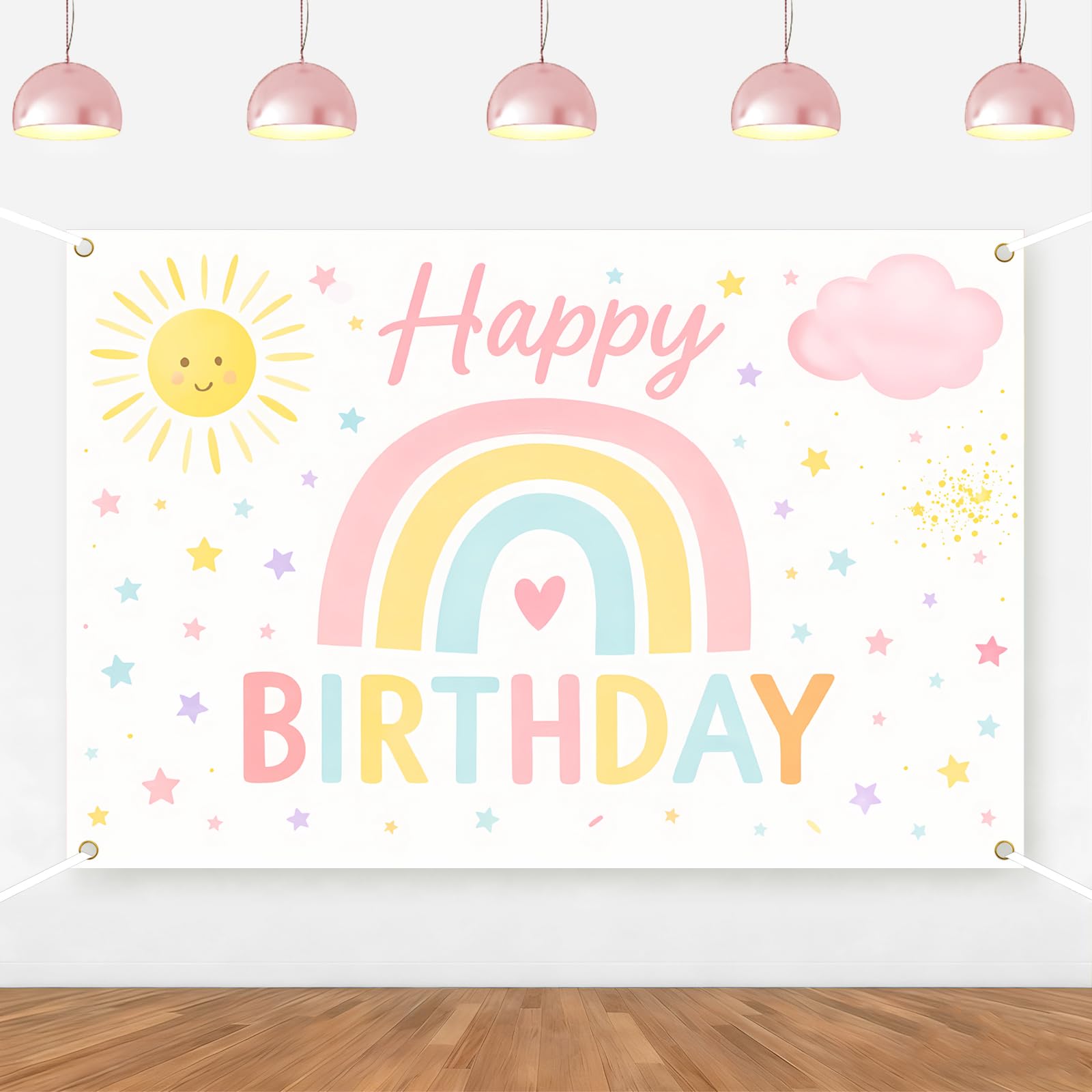 Photo 1 of Rainbow Backdrop Colorful Rainbow Happy Birthday Party Decorations Pastel Sun Cloud Stars Watercolor Birthday Cake Table Decor for Princess Girls Boys Bday Decor Supplies Photo Booth Props 5 * 3ft