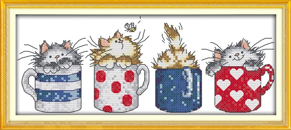 Gofission Pre Printed Cross Stitch Kits Cats Hide in The Cups, DIY 14 Count Stamped Embroidery Set 11.4x5.1 inch Fabric with Accessories Needlework Home Wall Decor