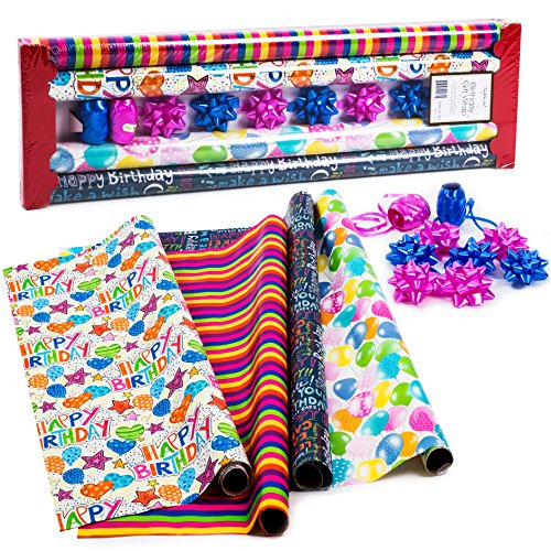 Birthday Wrapping Paper - Gift Wrapping Paper - Premium Quality Gift Wrap Paper - 2.5 FT x 10 FT Per Roll, Includes 7 Bows and 2 Ribbons - Thumbnail 6